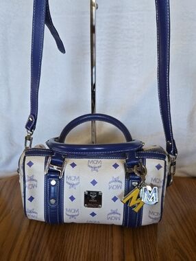 MCM White and Blue Monogram Barrel Bag with Charm